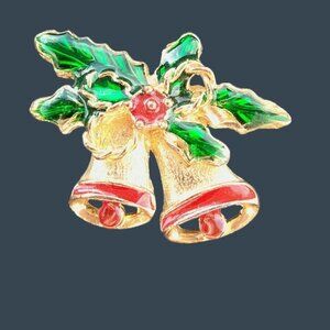 Christmas Bells Ringing Pin Brooch Holly Vintage Holiday Jewelry Metal Enamel